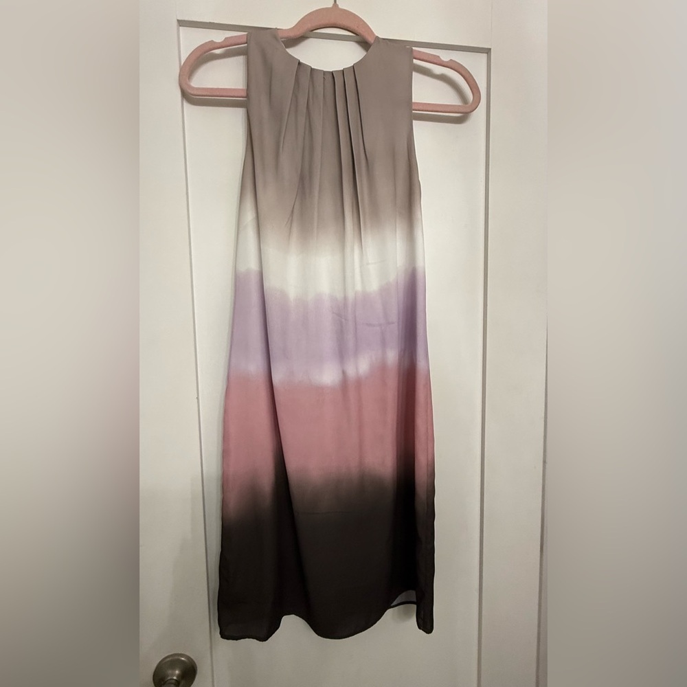 H&M Sleeveless Shift Dress Size 6 Pink Purple Ombré Chiffon V-Back Black Bow Tie